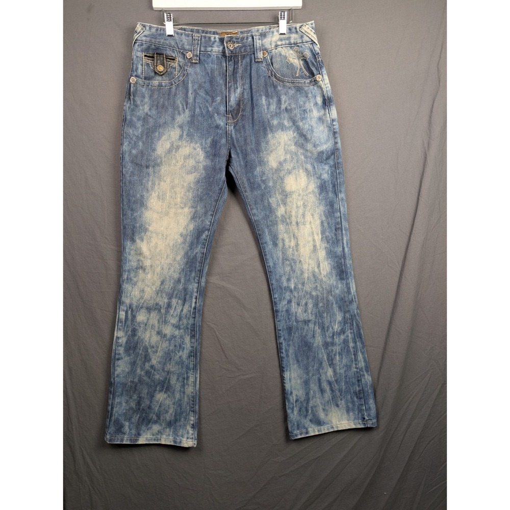 Danesi Mens Acid Wash Cross Embroidered Straight‎ Leg Jeans Blue 34x32 3574
